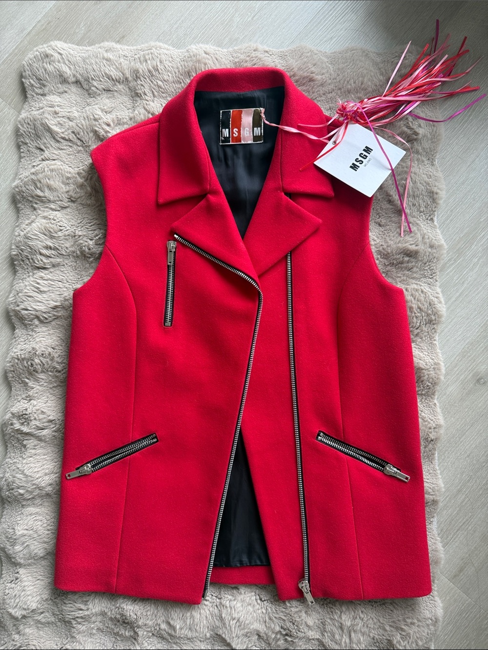 MSGM Bright Red Sleeveless Moto-Style Vest size 42